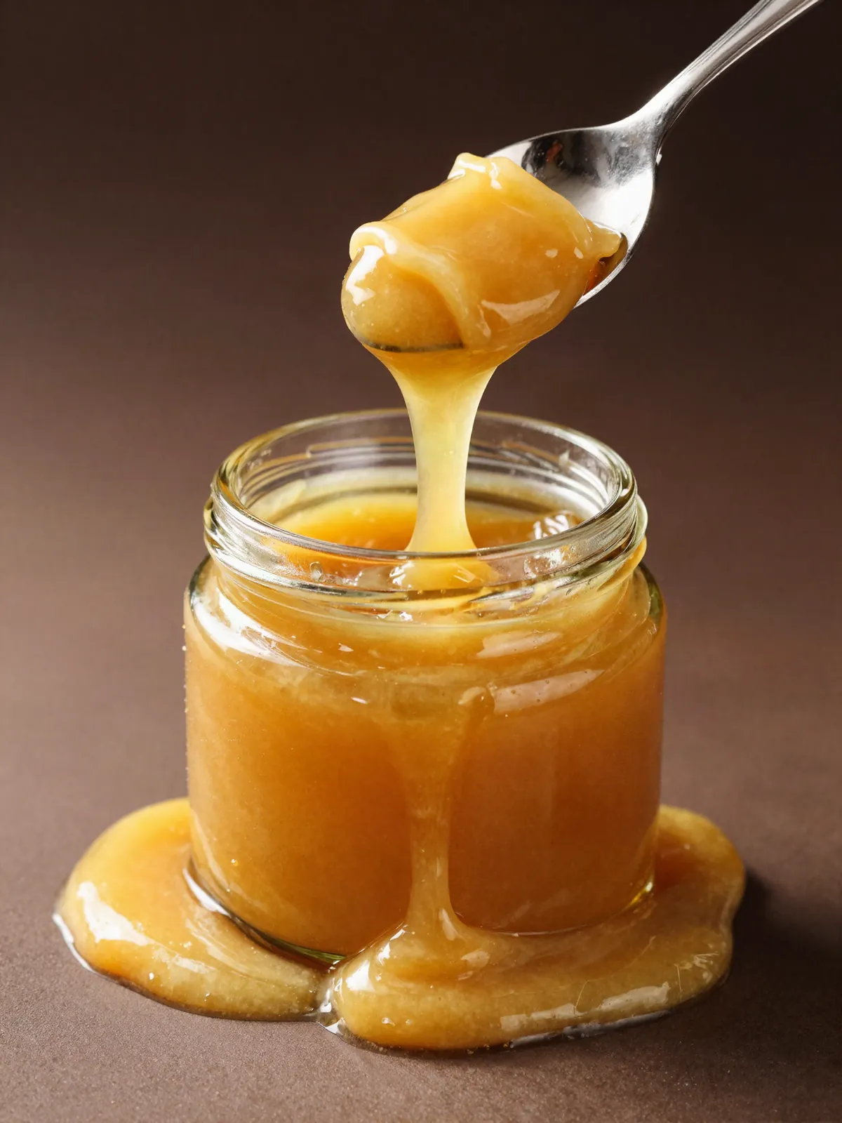 Colher de metal puxando uma dobra grossa de mel cremoso dourado de um pote de vidro aberto; o creme transborda e se acumula ao redor do pote.