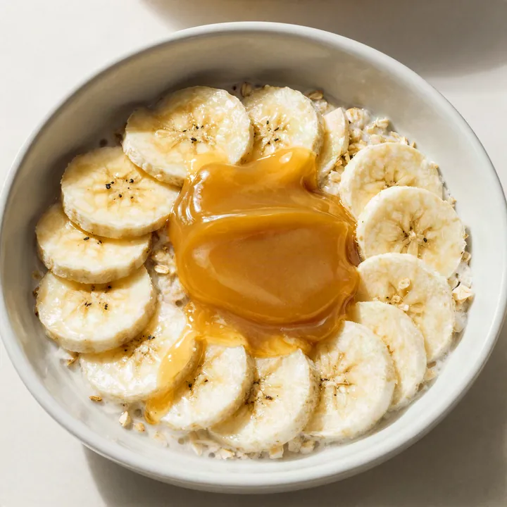 Tigela de mingau de aveia com rodelas de banana e uma colherada de mel cremoso.