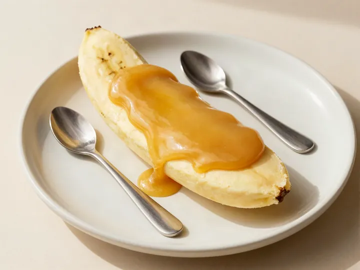 Banana aberta ao meio em um prato claro, coberta por uma faixa grossa de mel cremoso.