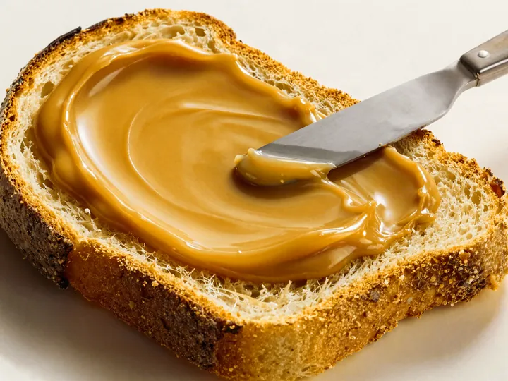 Fatia de pão tostado coberta com mel cremoso espalhado em ondas por uma faca.