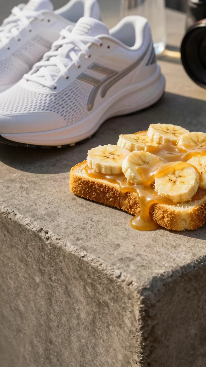Torrada com banana e mel cremoso sobre uma mureta de concreto, ao lado de tênis de corrida.