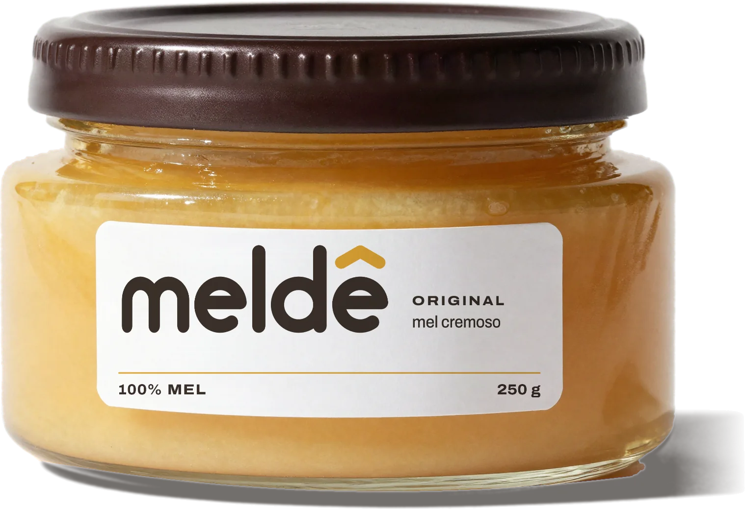 Meldê Original, mel cremoso, 250 g: pote baixo de vidro com tampa marrom e rótulo branco.